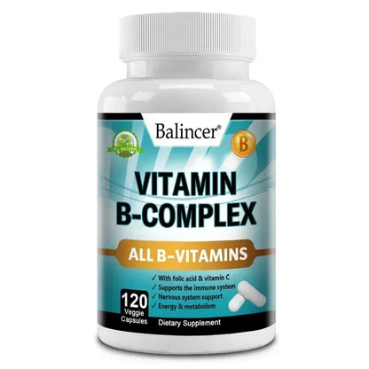 Vitamin B Complex Supplement, Containing Folic Acid and Vitamin C, Supports Energy, Immune Health, Antioxidant Supplement 120 count-1 bottle