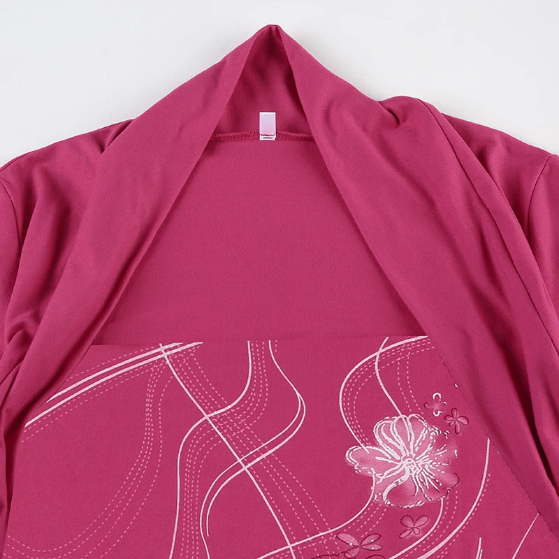 HEYounGIRL Y2K Floral Print Chic T-shirt Pink Vintage Short Sleeve Women Fitted Crop Top 2000s Outfits Fashion Summer Tee Shirts