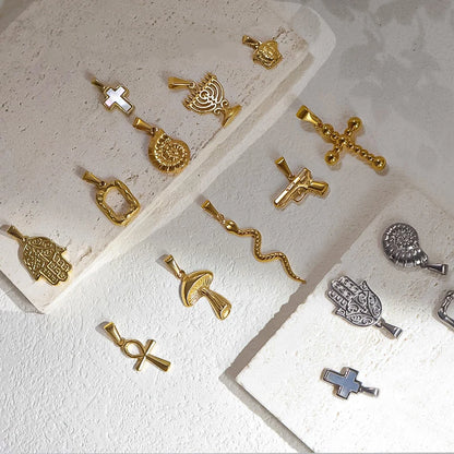 RHYSONG Geometric Stainless Steel 18K Gold Plated Snake Cross Palm Conch Mushroom Pistol Pendant For Women Diy Findings Jewelry