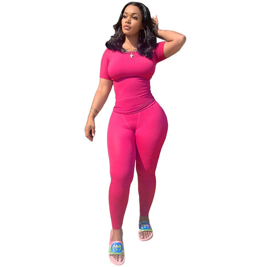 New style Lounge Wear Ribbed Casual 2 Piece Summer Shorts Set For Women Sleeve Top+Elastic Leggings Outfits Rose Red