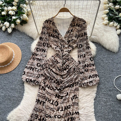 Chic vintage long sleeve Criss-Cross print pleated Elegant Fairy korean fashion dress women clothing Long dress