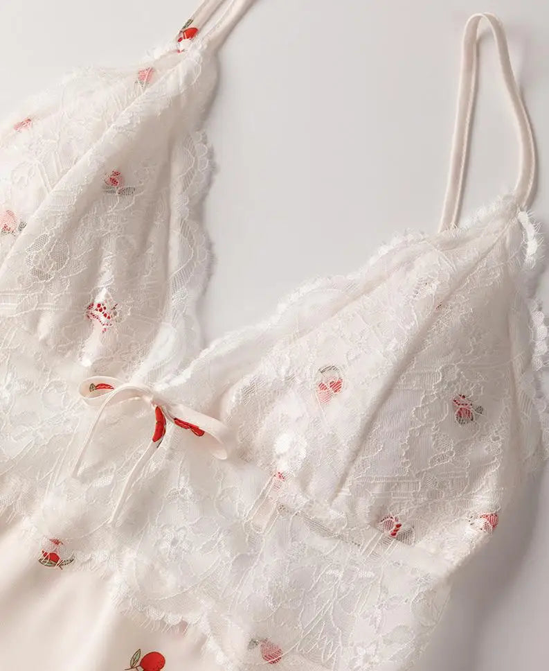 Summer Print Pyjamas Suit Women Sleepwear Lace Hollow Out Pajamas Set Sexy Strap Top&Shorts PJS Lingerie Satin Homewear