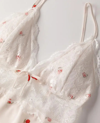 Summer Print Pyjamas Suit Women Sleepwear Lace Hollow Out Pajamas Set Sexy Strap Top&Shorts PJS Lingerie Satin Homewear