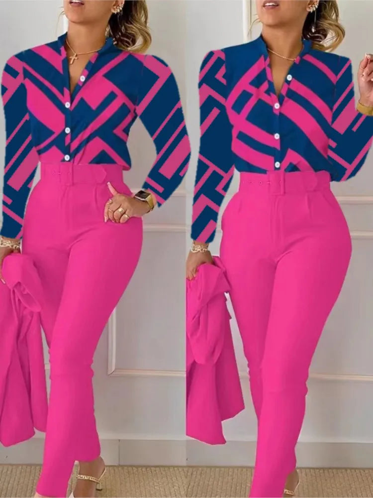 Women's Shirt 2 Pieces Suit Set 2024 Fall Print V Neck Long Sleeve Top Casual High Waist Pockets Work Female Clothes Pants Set Rose Red