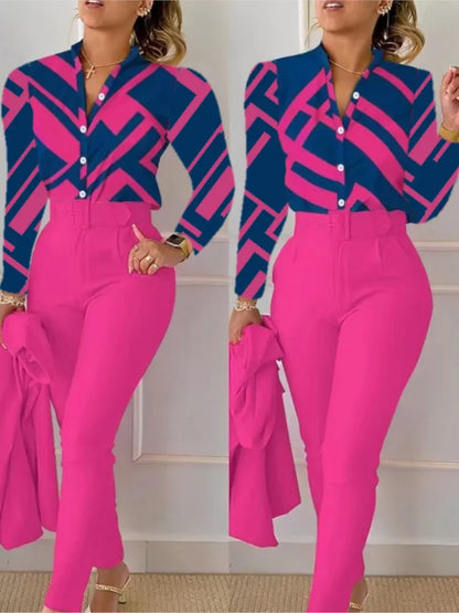 Women's Shirt 2 Pieces Suit Set 2024 Fall Print V Neck Long Sleeve Top Casual High Waist Pockets Work Female Clothes Pants Set Rose Red