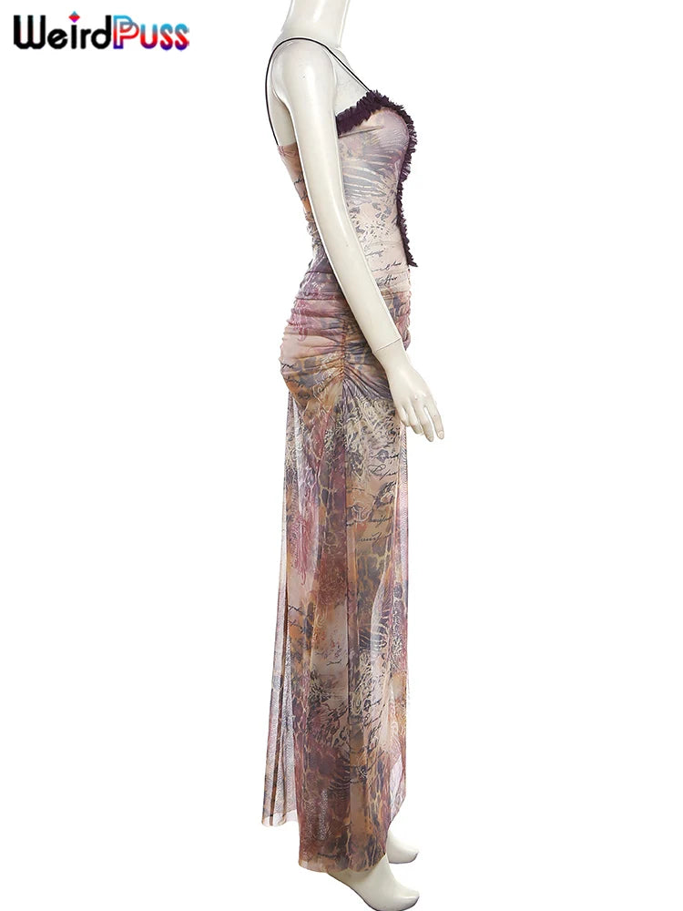 Weird Puss Side Split Women Dress Spaghetti Strap Halter Neck Edible Tree Fungus Hollow Out Sexy Evening Party Ladies Vestido