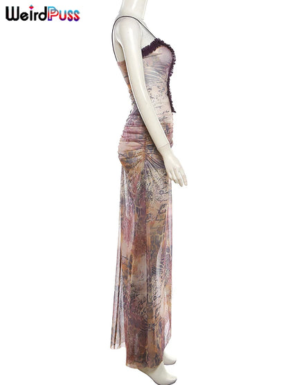 Weird Puss Side Split Women Dress Spaghetti Strap Halter Neck Edible Tree Fungus Hollow Out Sexy Evening Party Ladies Vestido