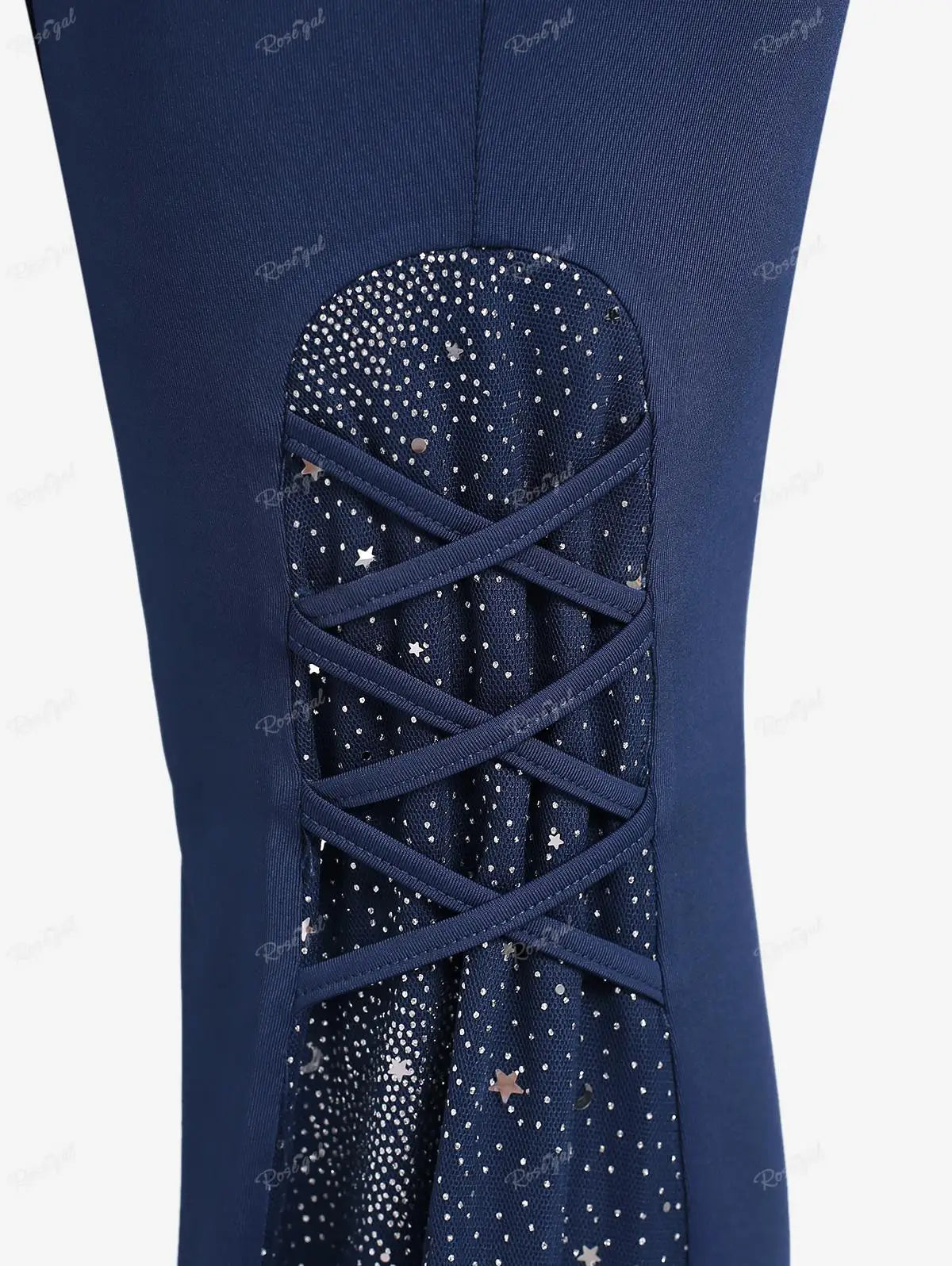 ROSEGAL Plus Size Gothic Lace Panel Lace-up Ruffle Flare Pant Women Streetwear Elastic Waist Pull On Pant Colorblock Bell Bottom