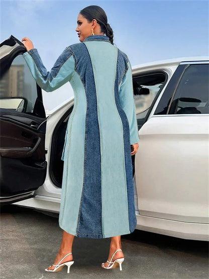 Wmstar Plus Size Denim Dresses Women Long Sleeve Casual Button Pockets Striped Maxi Dress Fall Clothes Wholesale Dropshipping