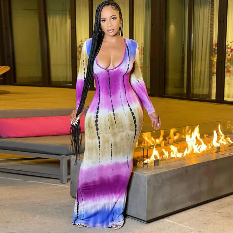 Spring And Summer Dresses For Women Chest Wrap Printed Off Shoulder Bandage Slim Sexy Long Dress 2023 New Fashion party MsChuh T4Long Sleeve Purple