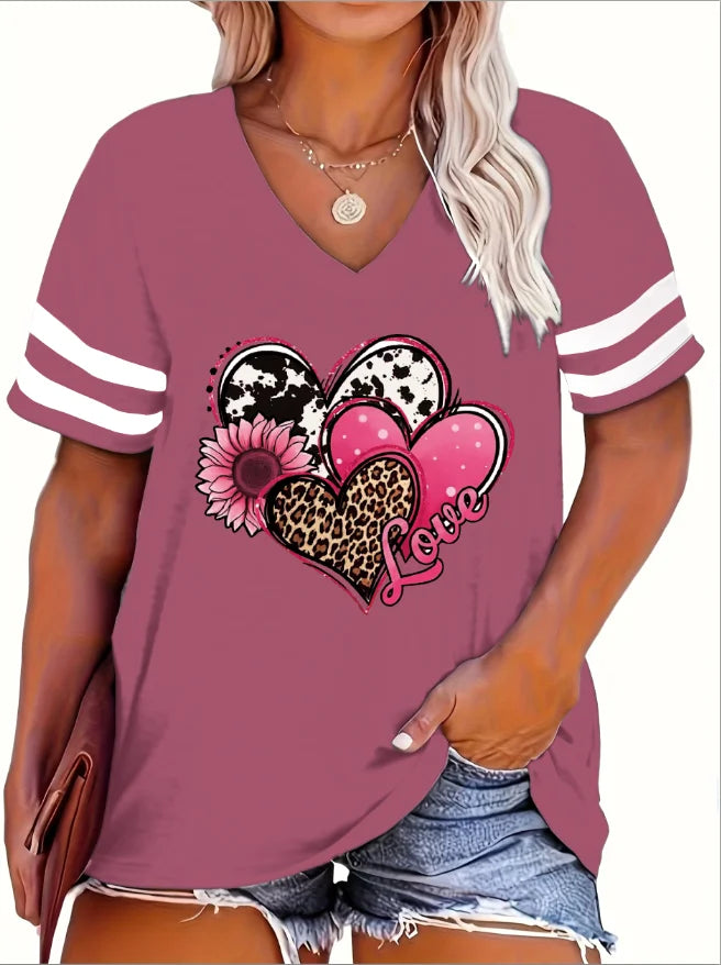 2024 Plus Size Spring/Summer New Love Print Casual Fashion Women's V-Neck Short-Sleeved Loose T-Shirt 5XL 6XL Red