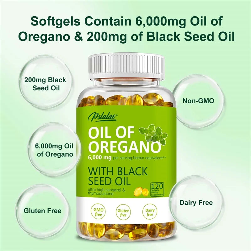 Oregano Oil Softgels - Contains Black Seed Oil, Promotes Digestion and Intestinal Health, Antioxidant, Enhances Immunity