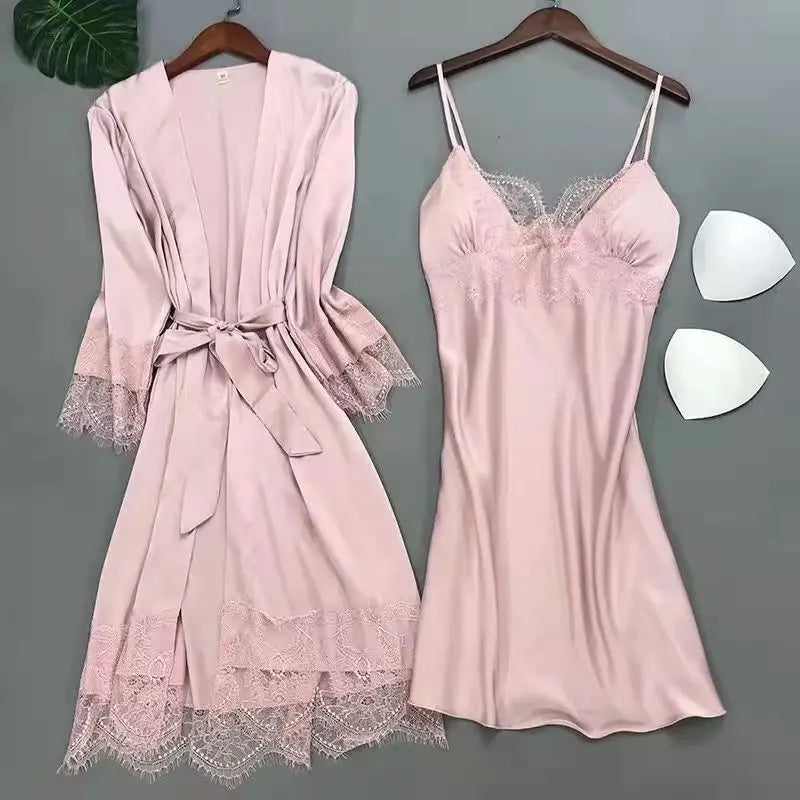 White 5PCS Sleep Set Pajamas Lady Lace Satin Pyjamas Kimono Bath Gown Loose Sleepwear Home Cloting V-Neck Casual Nightwear Pink B