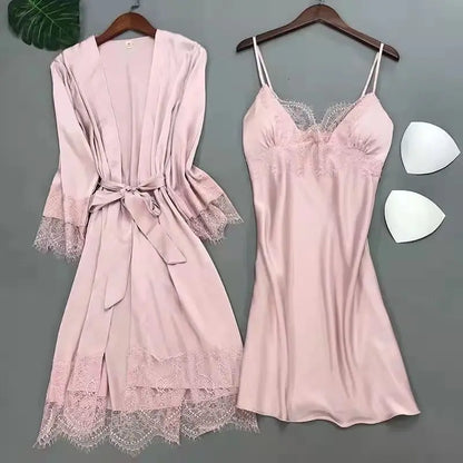 White 5PCS Sleep Set Pajamas Lady Lace Satin Pyjamas Kimono Bath Gown Loose Sleepwear Home Cloting V-Neck Casual Nightwear Pink B