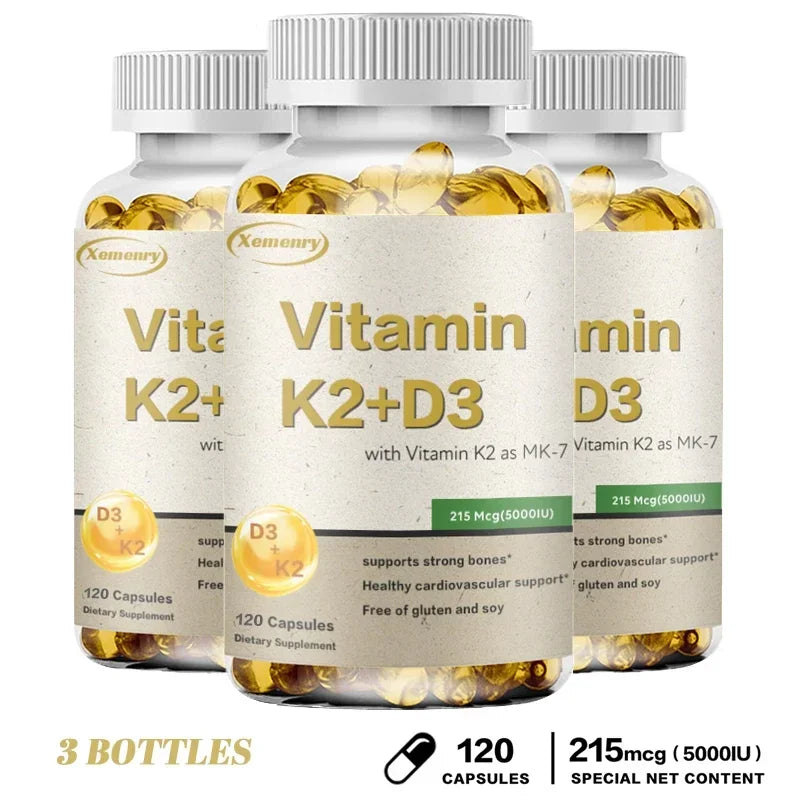Vitamin K2 + D3 Supplement - Promotes Calcium Absorption, Helps Promote Bone, Teeth, Joints, Heart Immune Health 120 Capsule-3bottles