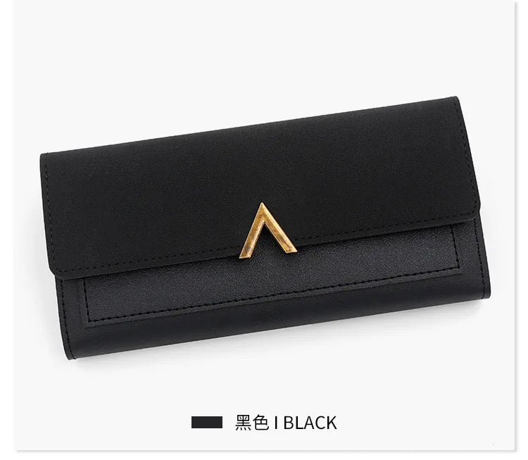 New Korean version women's wallet long V-shaped buckle three fold wallet for women, hand-held bag, change card bag