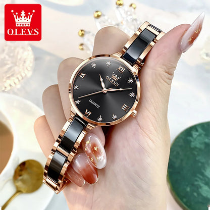OLEVS 5872 Women Watch Elegant Luxury Original Quartz Watch Waterproof Luminous Ceramic Strap Watches For Women Bracelet Set Rose Black CHINA Yes
