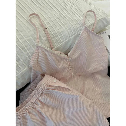 Lace Sleepwear Women Pajama Sets Striped Korean Piiama Summer Shorts Sets 2 Pieces Spaghetti Strap Night Wears Pink Home Suit