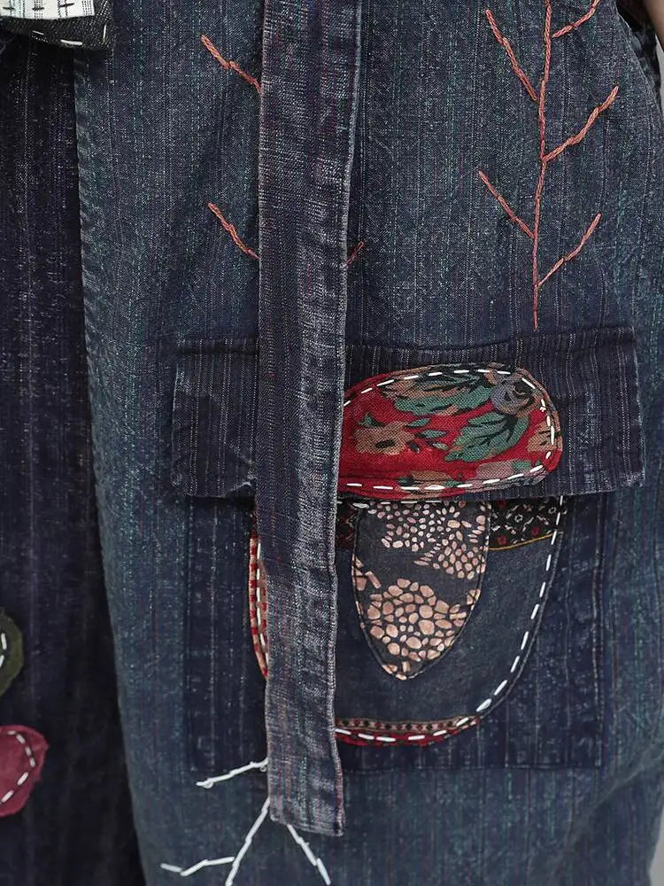 Hand Embroidery Old Cloth Patchwork Wide Leg Strap Long Pants Women Autumn Loose High Waist Jumpsuit LX4343 Badiee Stylez