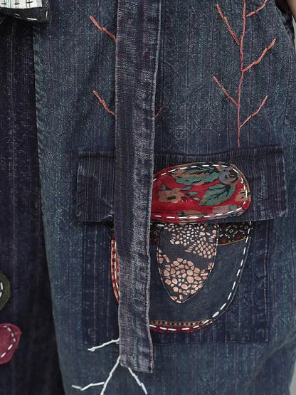 Hand Embroidery Old Cloth Patchwork Wide Leg Strap Long Pants Women Autumn Loose High Waist Jumpsuit LX4343 Badiee Stylez