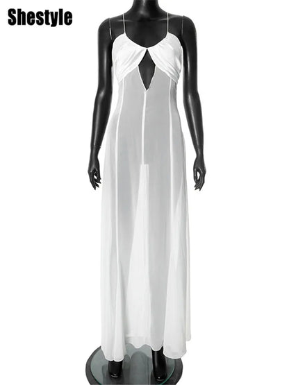 Shestyle 2025 Women Summer Outfits Beachwear Vacation Transparent Mermaid Dress Backless V Neck Spaghetti Strap Hollow Out