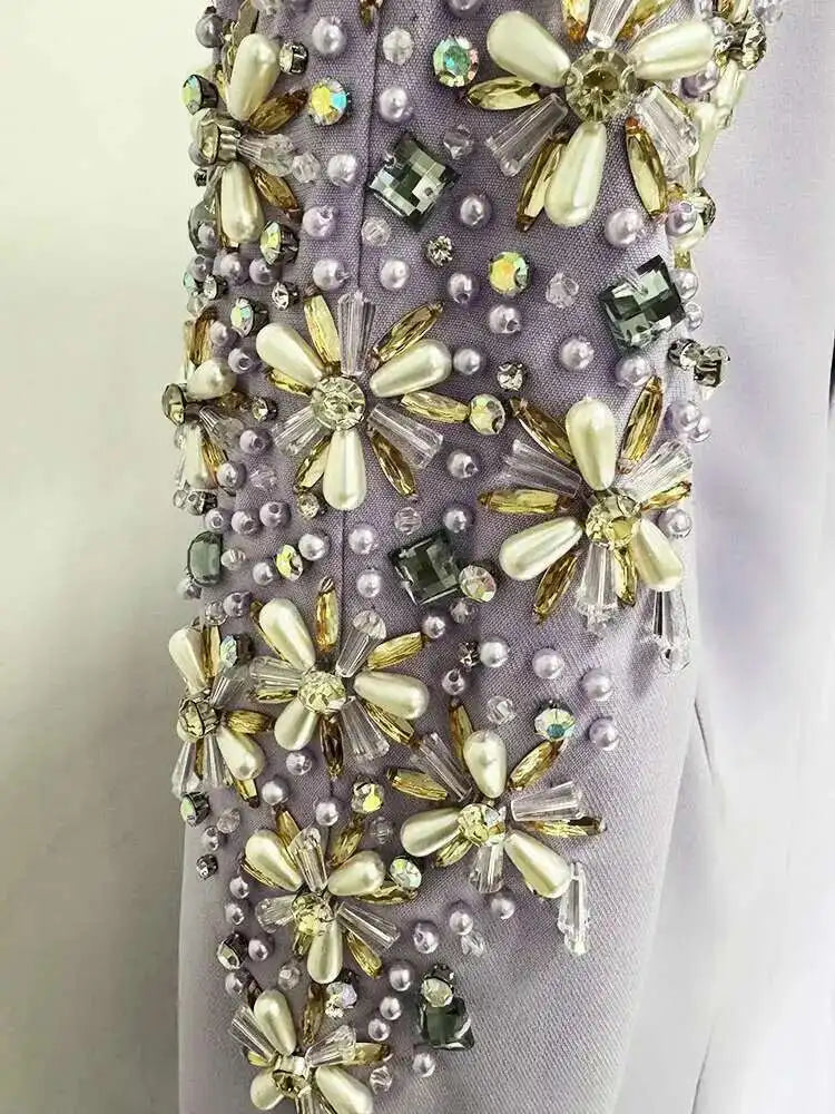 QMQA Fashion Women's Evening Dress Bead Diamond Spliced V Neck Long Sleeve High Waist Maxi Party Dresses 2025 Spring New QM324 Badiee Stylez