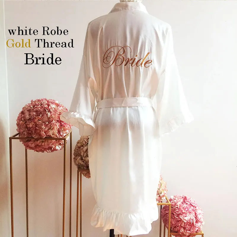 Personalized Embroidered Robe Ruffle Bridesmaids Silk Robes Bride Wedding Day Embroider Kimono Customizable Elements Kimono Robe white-Bride