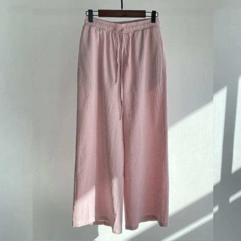 Pants Set Women Shirts Wide Leg Elastic Waist Cotton Linen Casual Sets Elegant Loose Long Sleeve Lapel Spring Shirt Y2k Suit