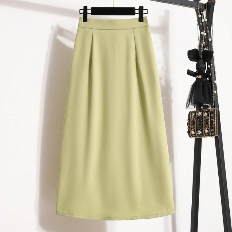 2025 Summer Female Fashionable Versatile Solid Skirts High Waisted Mid Length A-line Plus Size Skirt Split Wrap Body Skirt green
