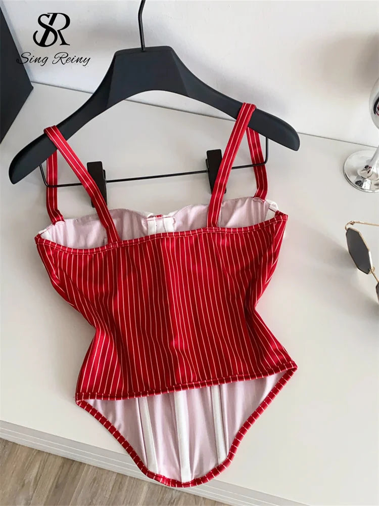 SINGREINY Summer Corset Stripe Tank Top Women Tie Strapless Chic Backless Hotsweet Camis 2025 Streetwear Club Sexy Mini Top