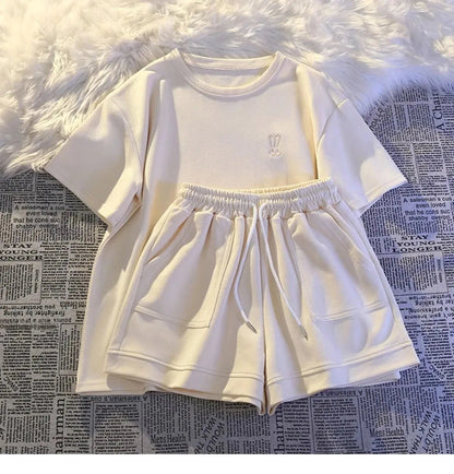 Summer Casual Fashion Embroidered Short Sleeve Shorts Set Women Loose Two Piece Comfortable Sports Set White Outwear Badiee Stylez