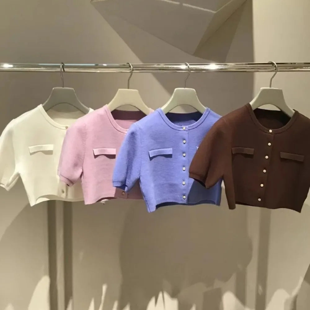 Kuzuwata Gentle Elegant O Neck Half Sleeve Jumper Knit All-match Short Preppy Literary Cardigan Japan Spring New Fresh Sweaters