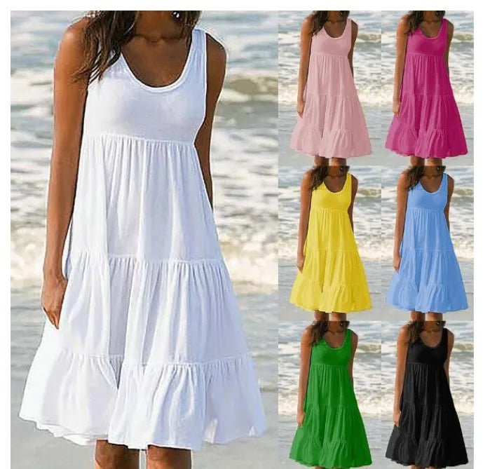 Women Causual O Neck Sleeveless Ruffles Mini Dress Boho Solid Beach Sundress Oversized Loose Dress 2023 Summer