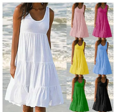 Women Causual O Neck Sleeveless Ruffles Mini Dress Boho Solid Beach Sundress Oversized Loose Dress 2023 Summer