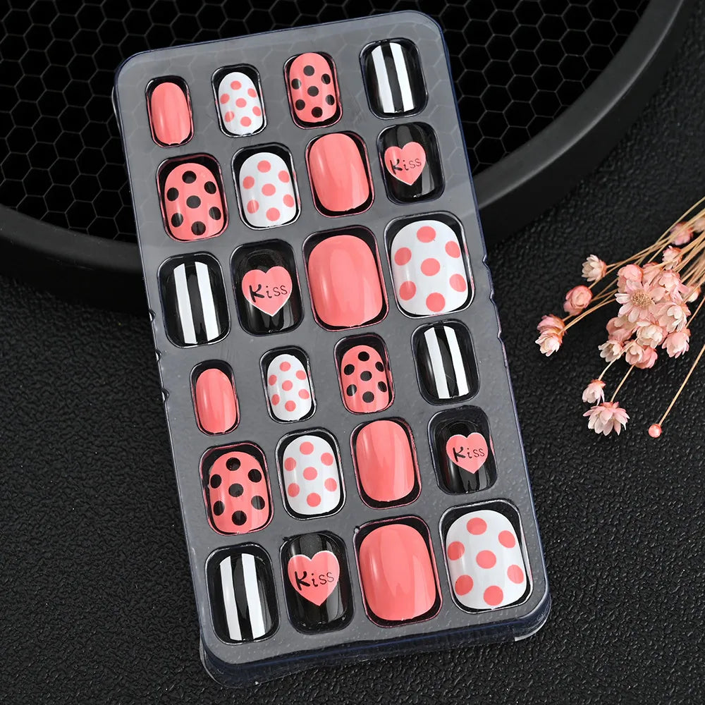 24Pcs Children Cartoon Nail Tips Colorful Cute Rabbit Pink Stars 6-14 Years old Girl Fake Nail With Jelly Glue Kids False Nail TD060-18