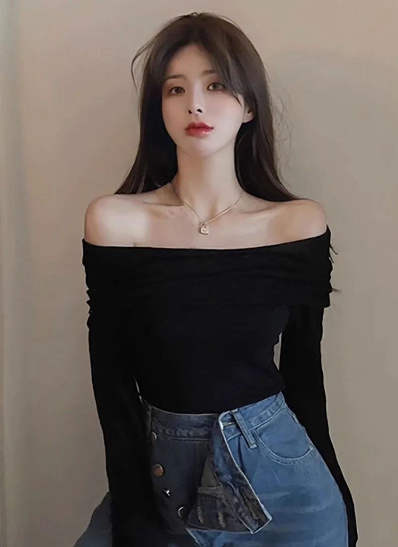 Xpqbb Vintage Slash Neck Pullover Women Korean Fashion Slim Long Sleeve Short Blouses Ladies Sexy Off Shoulder Club Party Tops