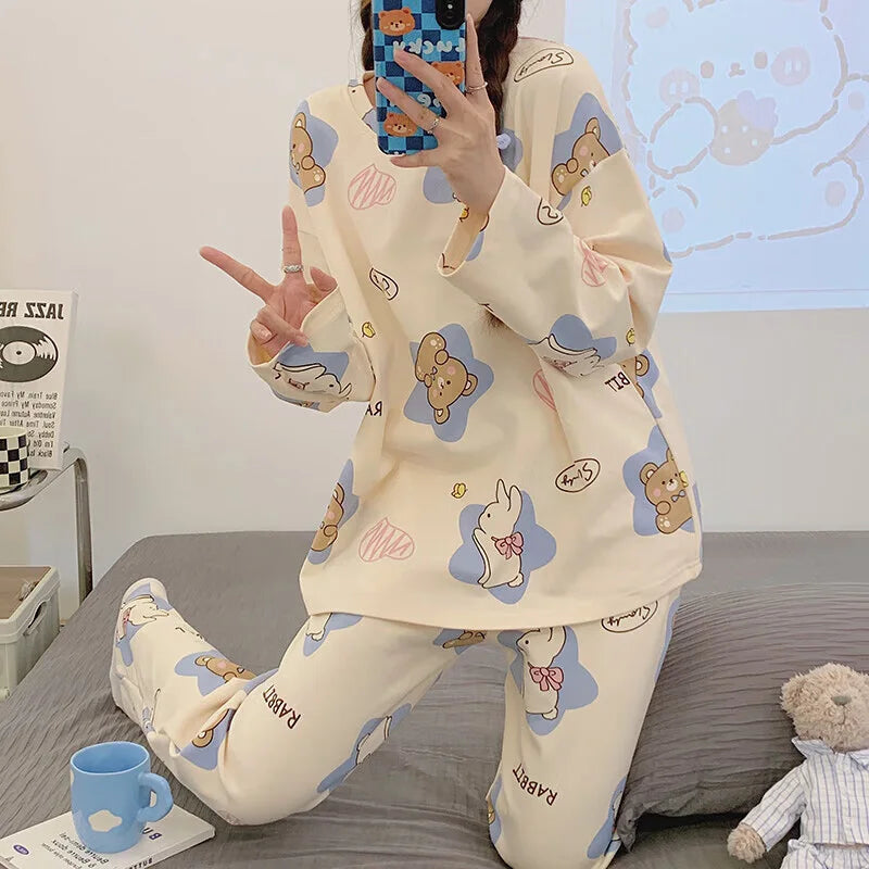 Women's Pajamas Two-Piece Casual Cute Comfortable Sleepwear Homewear Set Tops and Trousers Nightwear Lounge Wear Autumn Winter