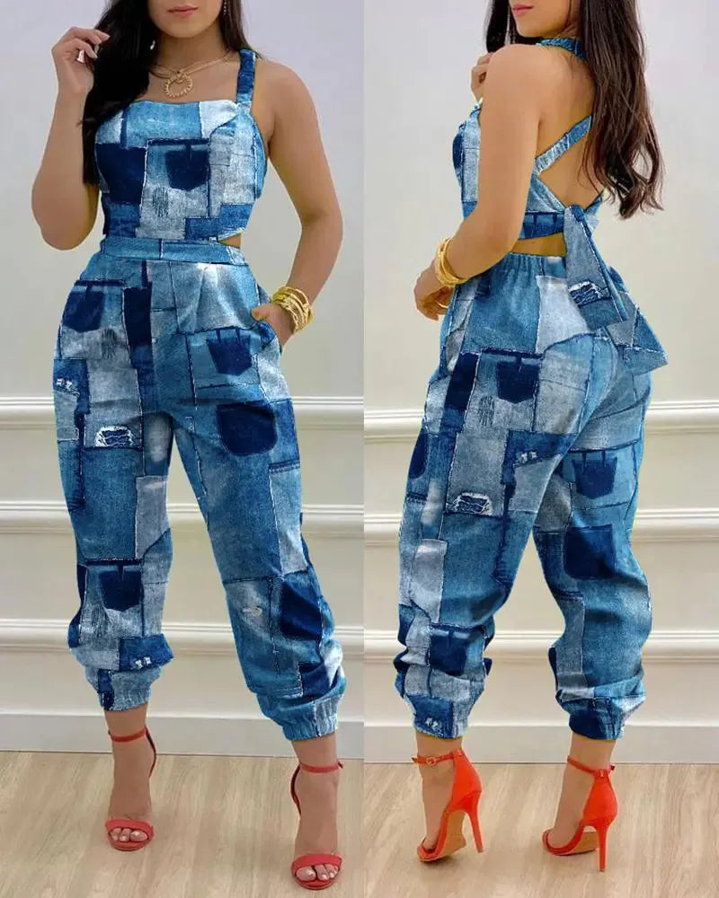 New Summer Fashion Printed Sleeveless Jumpsuit Sexy Hollow Backless Lace Up Long Jumpsuits Elegant Casual Jumpsuit With Pocket Badiee Stylez