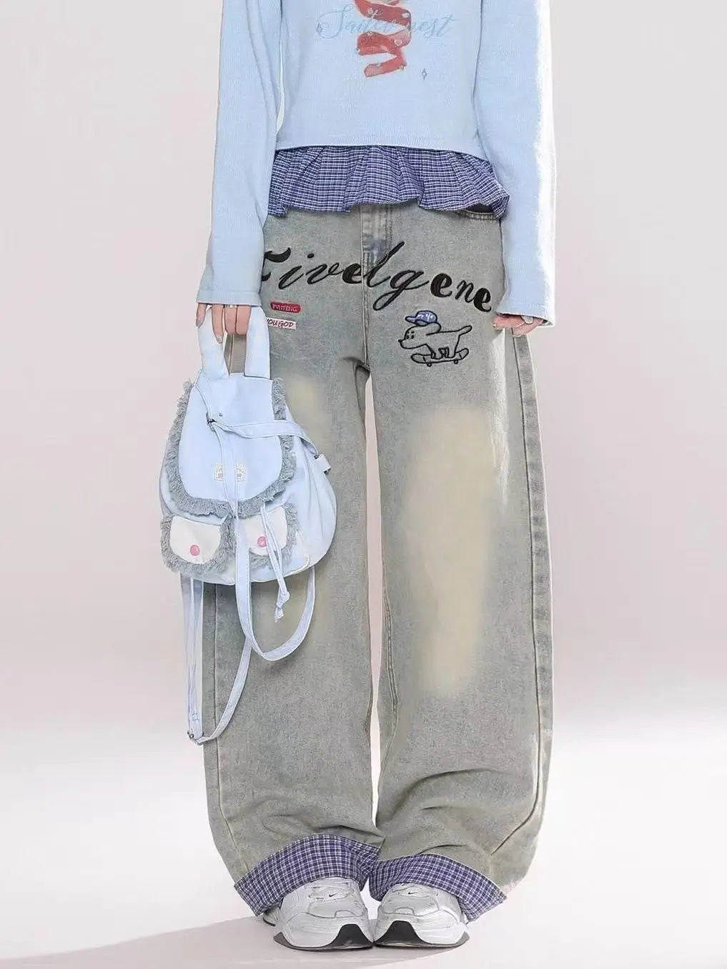 Y2K fashion retro cartoon embroidered women wide-leg jeans casual Harajuku loose pants street personality high-waisted jeans