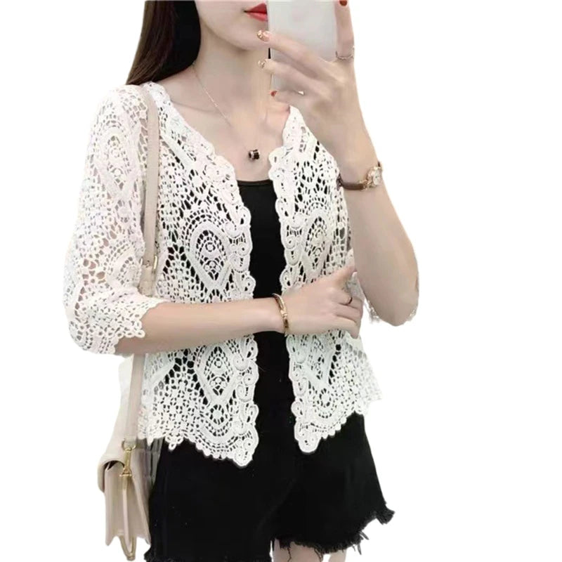 Women Knitted Lace Shrug Boho Hollow Crochet Floral 3/4 Sleeves Open Front Cropped Cardigan Elegant Mesh Sweater Coveup WHITE One Size