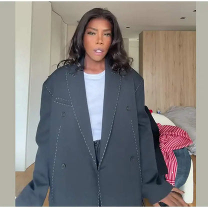 Casual Women's Blazer Pant Suits Loose Lapel Doube-Breasted Top Straight Pants Lady Set 2025 Autumn New 2 Pieces Sets Women Badiee Stylez