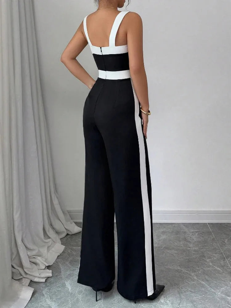 Women's Casual Black Jumpsuit White Contrast Trim Square Neck Great for City Nights Social Gatherings Fashionable Wear Badiee Stylez