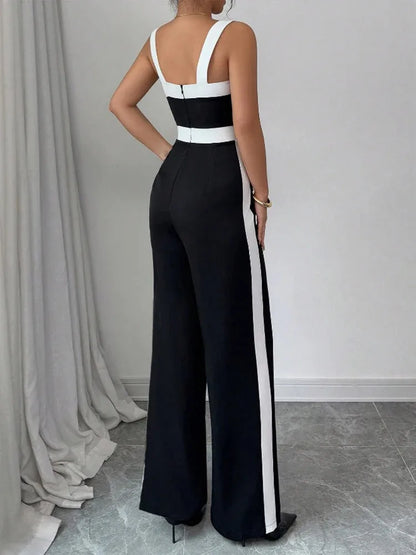 Women's Casual Black Jumpsuit White Contrast Trim Square Neck Great for City Nights Social Gatherings Fashionable Wear Badiee Stylez