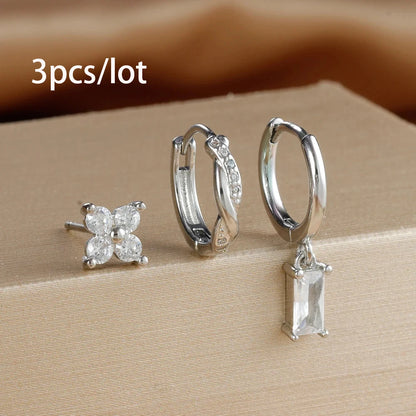 3PCS Fashion Stainless Steel Circle Hoop Earrings Set for Women 18K Gold Plated Zircon Pendant Square Earring Piercing Jewelry Silver-white-3pcs