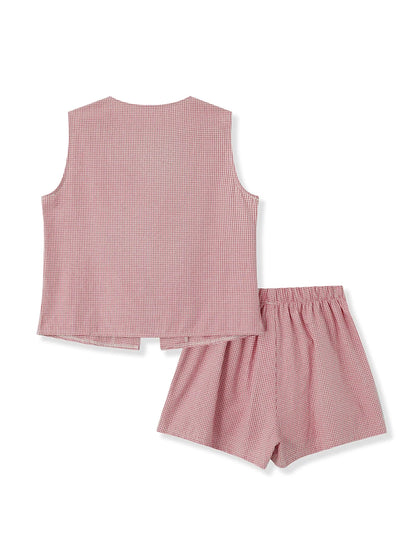 Women 2-Piece Shorts Set Plaid Print Lacing V-Neck Sleeveless Tank Tops Elastic Waistband Shorts Loungewear Outfits