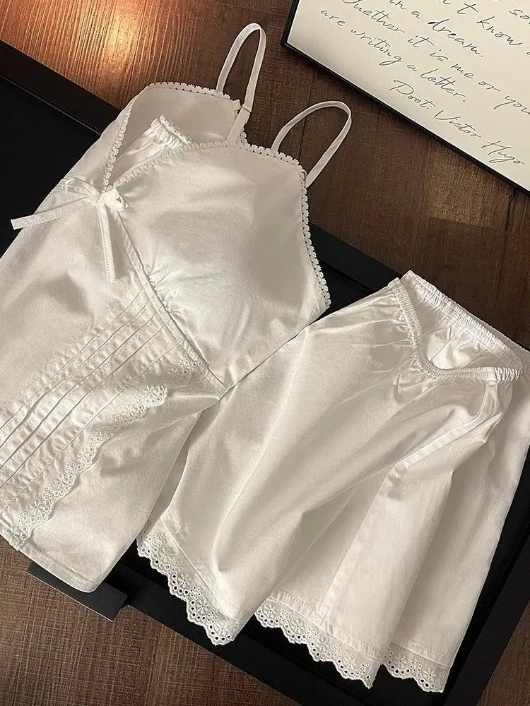 Lace Sleepwear Women Pajama Sets Spaghetti Strap Piiama Shorts Sets 2 Pieces Korean Night Wears Summer Cute White Home Suit 2025