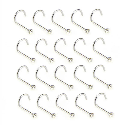 20pcs/lot Stainless Steel Crystal Rhinestone Nose Studs Hooks Bar Pin Nose Rings Body Piercing Jewelry For Women white