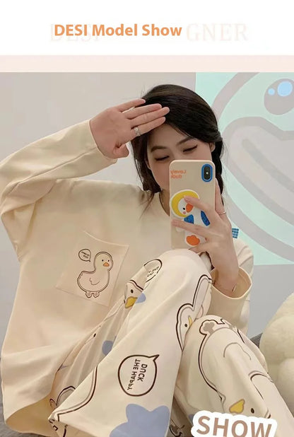 Spring and Autumn New Women's Thin Section Pajamas Homewear Suit Girls Summer Long-Sleeved Homewear Plus Size Cartoon Loose Suit