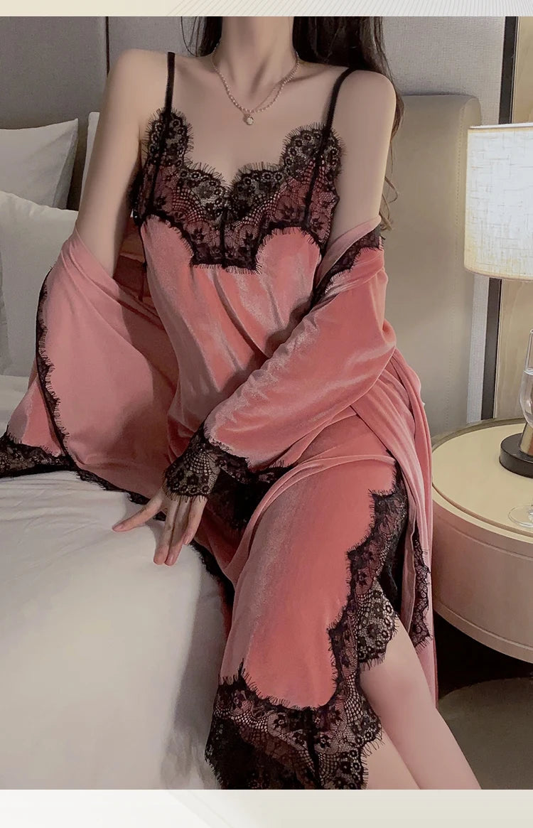 Women Warm Velour Homewear Long Kimono Robe Cami Sleepwear Burgundy Bathrobe Set Sexy Nightgown Winter Robe Suit Loungewear