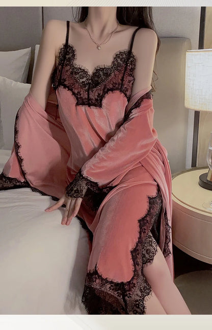 Women Warm Velour Homewear Long Kimono Robe Cami Sleepwear Burgundy Bathrobe Set Sexy Nightgown Winter Robe Suit Loungewear